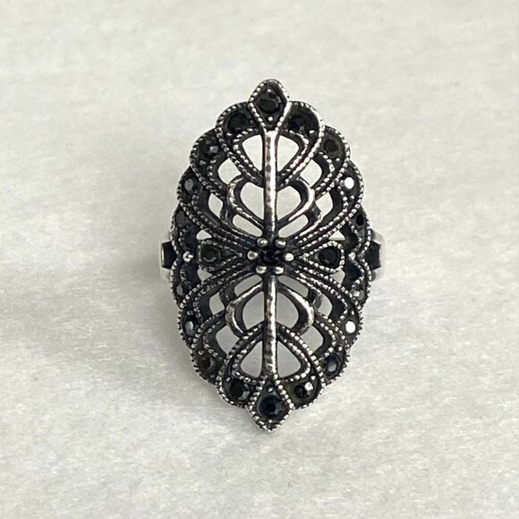Sterling Silver 925 Openwork Scrollwork Wide Black Black Rhinestone Ring Sz 8 - Picture 5 of 16